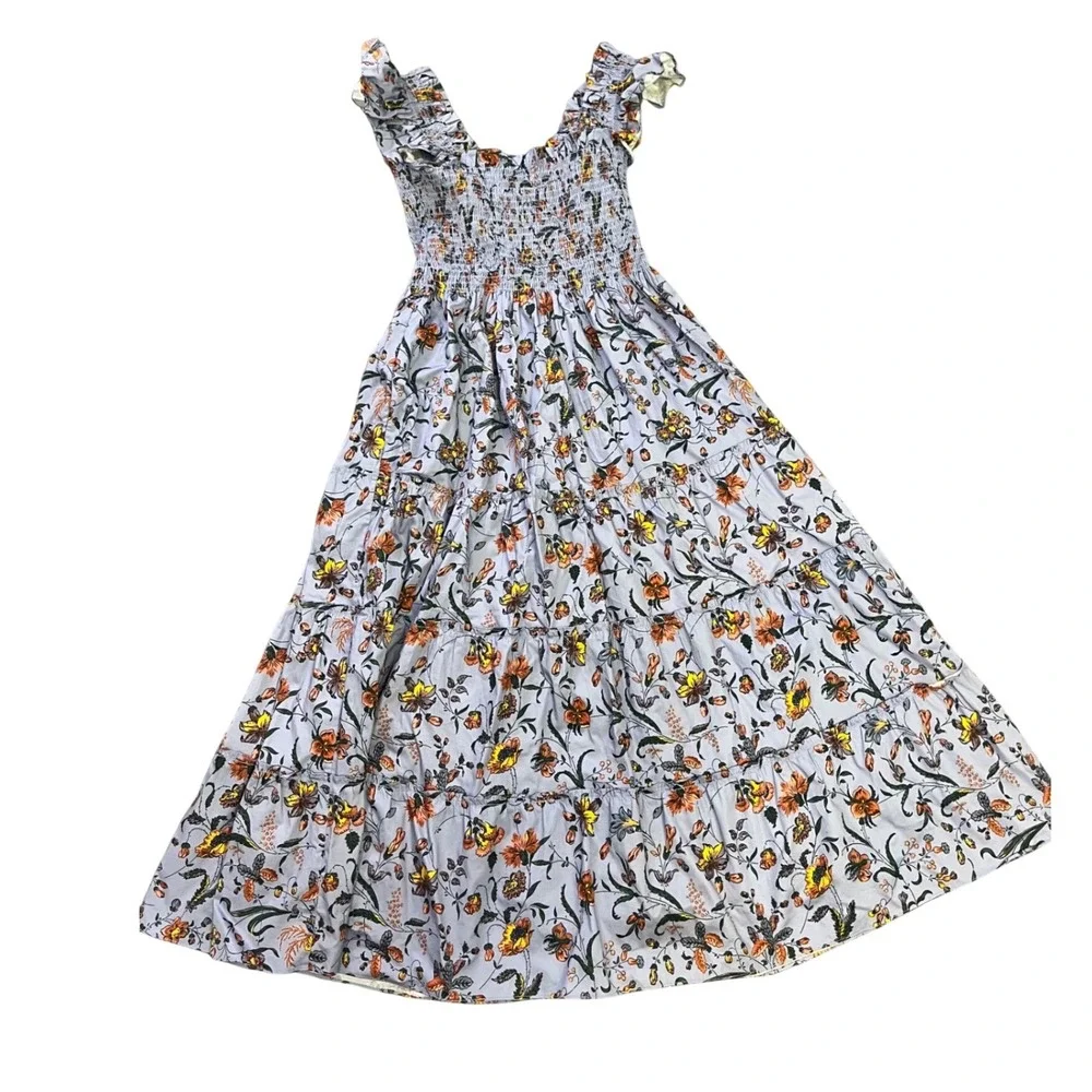 Hill House Home Ellie Nap Dress M Blue Botanical Floral Smocked Cotton Midi